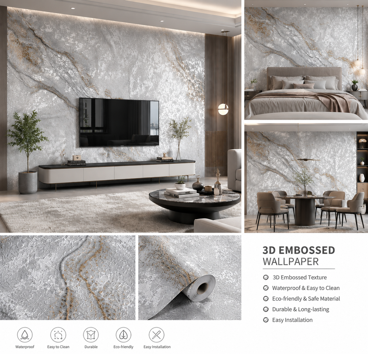3D Marble Effect Wallpaper Roll Grey Gold Vinyl 15.6m x 1m
