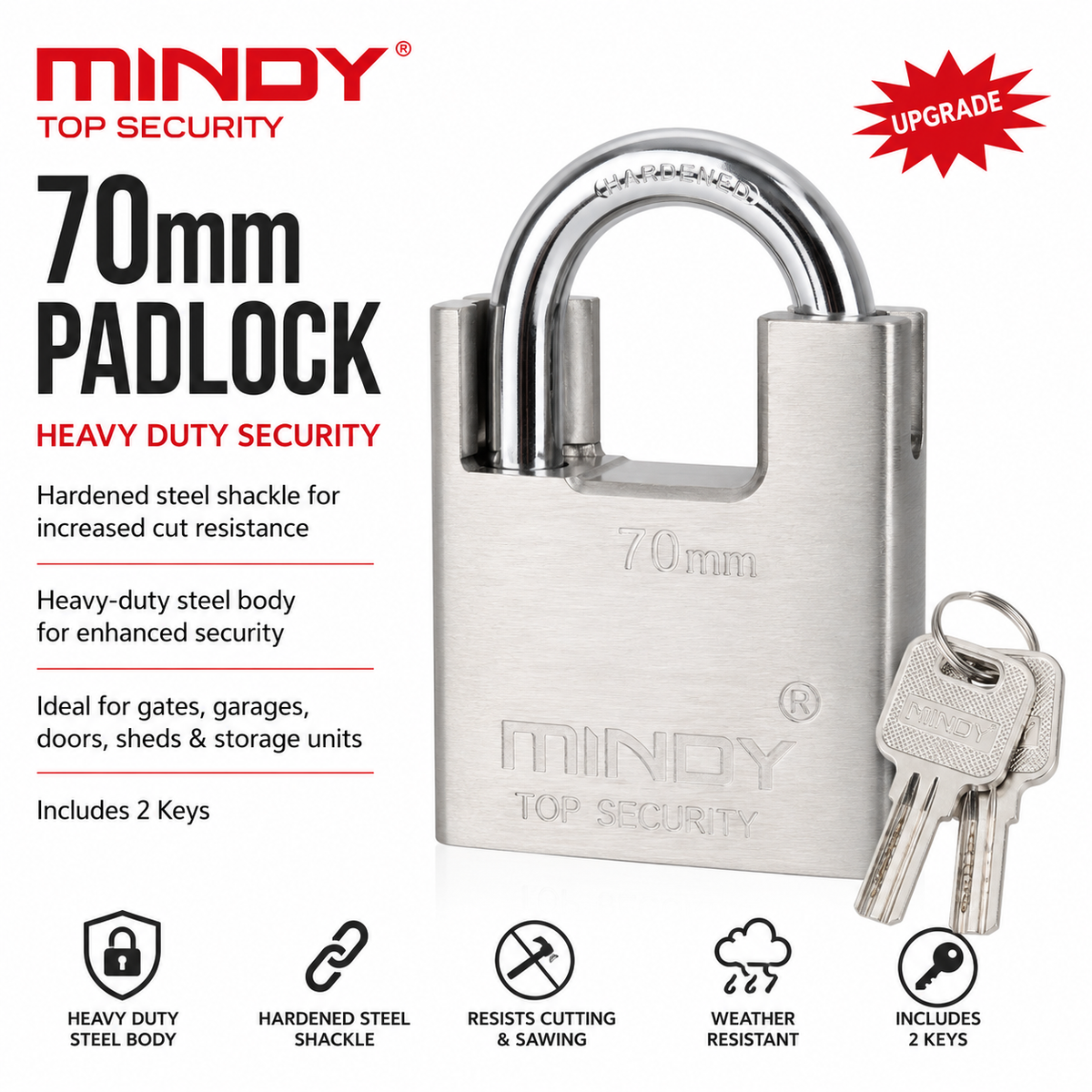 70mm Heavy Duty Steel Padlock with 3 Keys - Silver