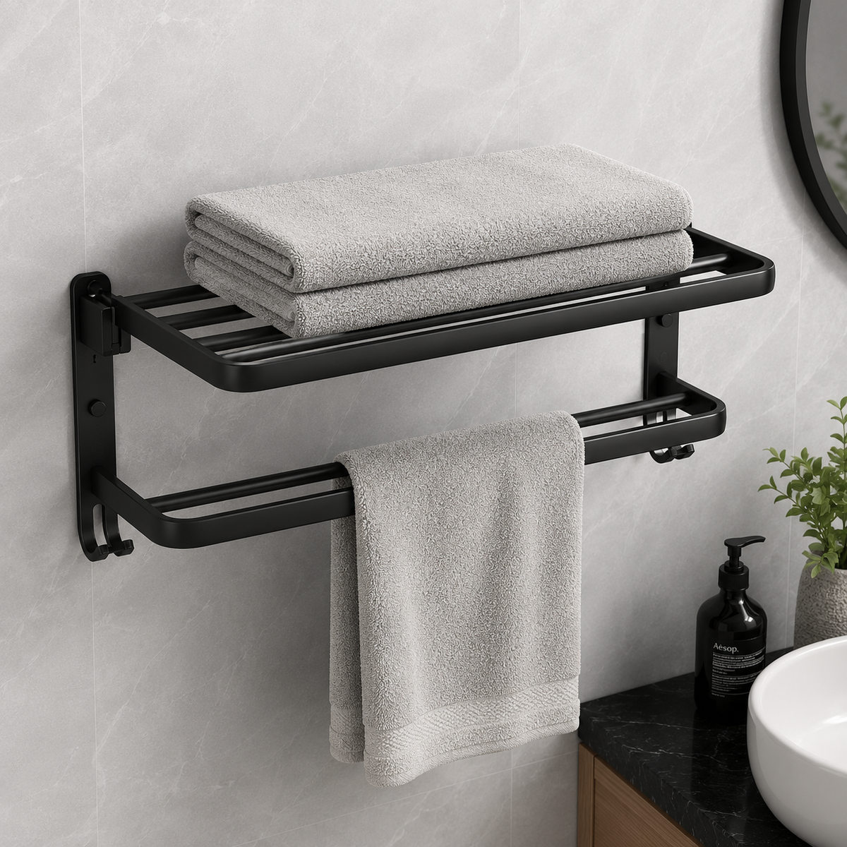 Swivel Towel Rack with Shelf Wall Mounted Stainless Steel Matte Black