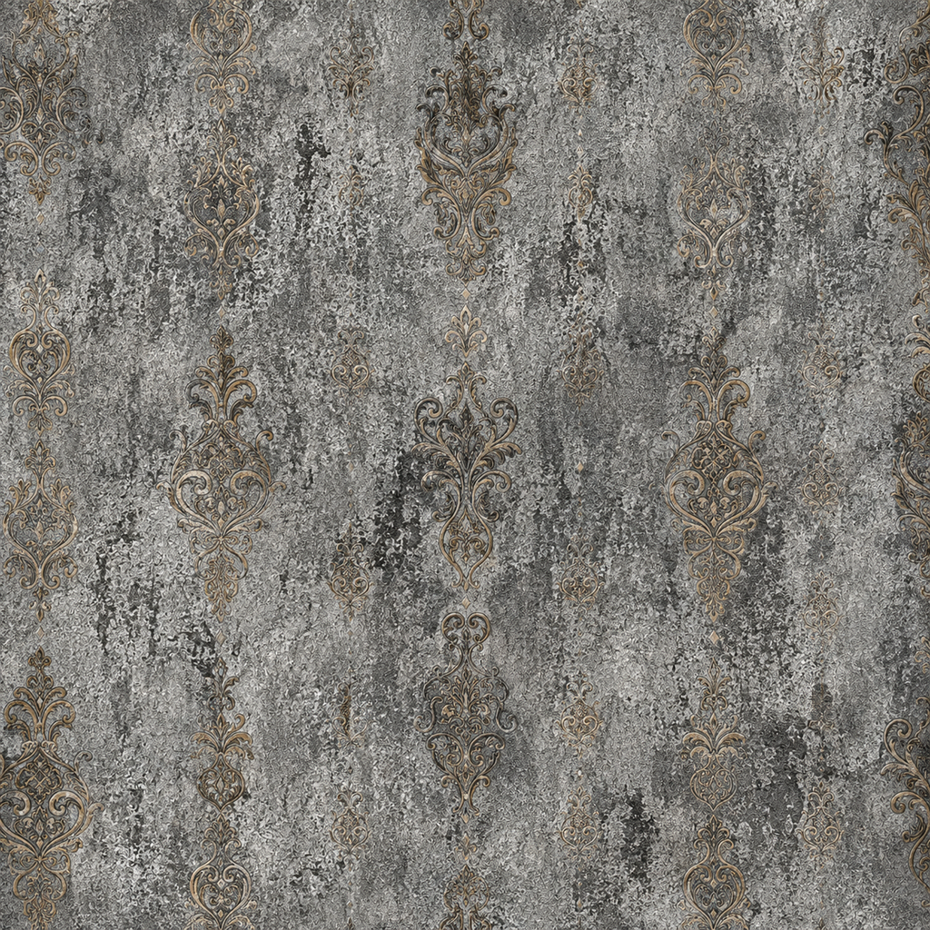 3D Grey & Antique Gold Damask Vinyl Wallpaper - 15.6m x 1m