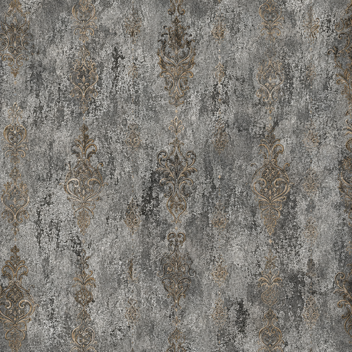 3D Grey & Antique Gold Damask Vinyl Wallpaper - 15.6m x 1m