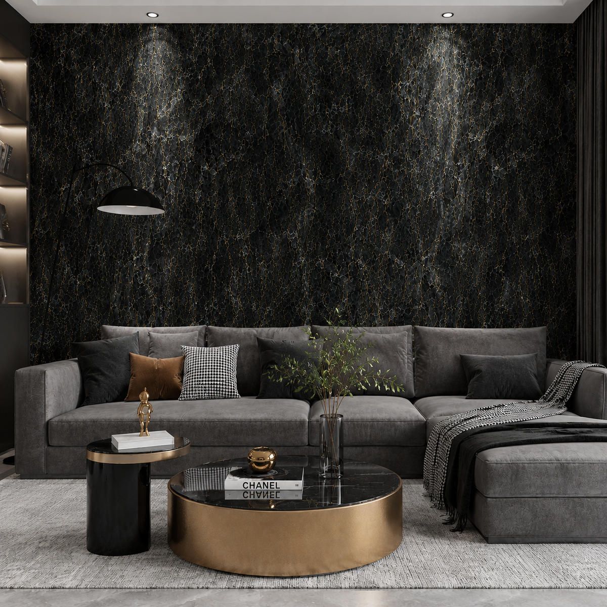 3D Black Marble Vinyl Wallpaper Roll - Self Adhesive - 15.6m x 1m