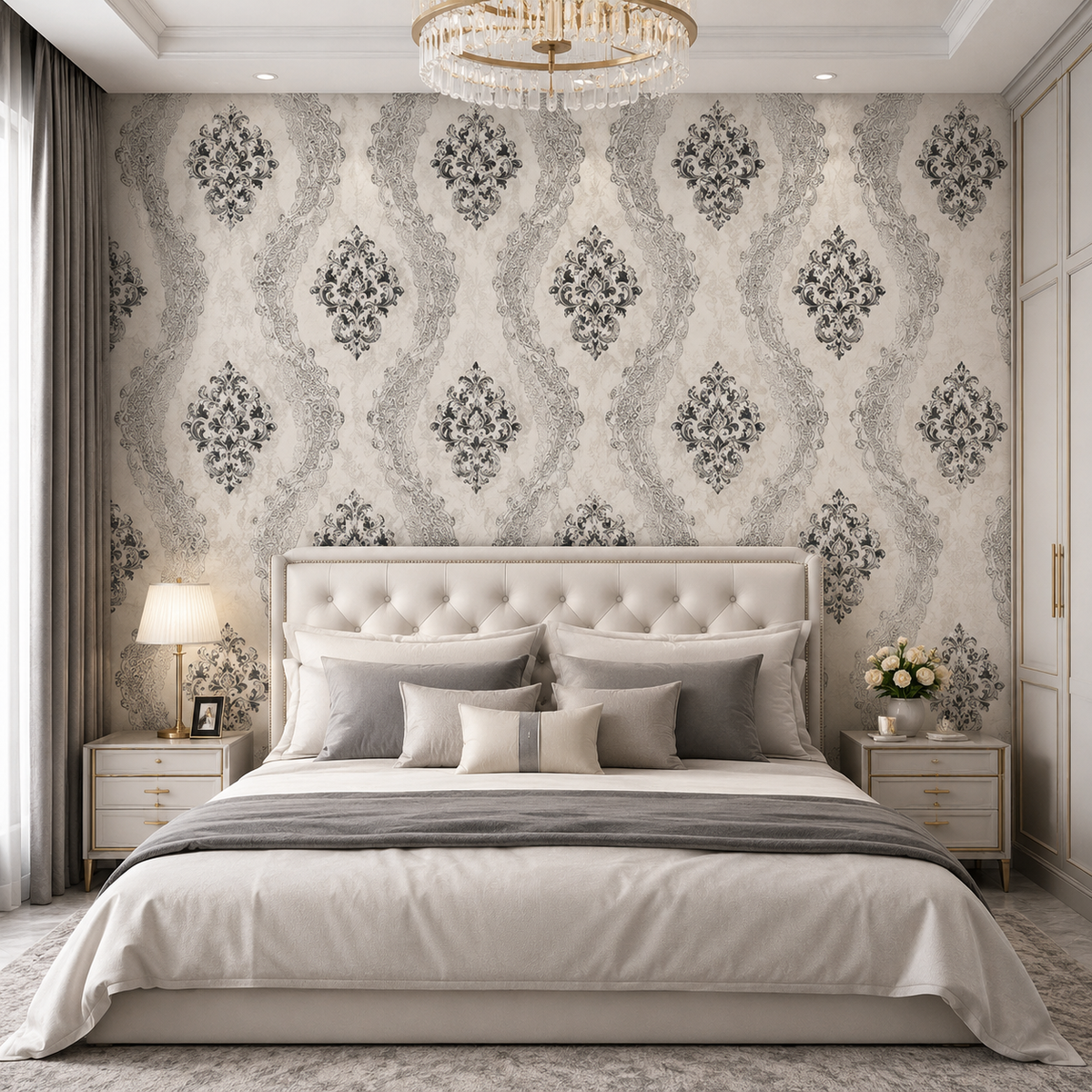 3D Cream & Grey Damask Vinyl Wallpaper - 15.6m x 1m