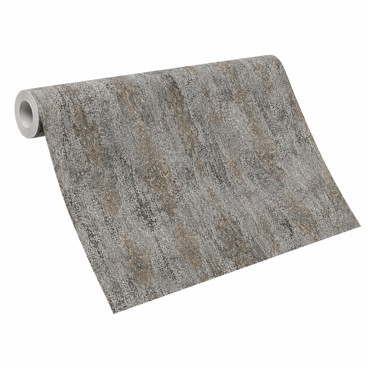 3D Grey & Antique Gold Damask Vinyl Wallpaper - 15.6m x 1m