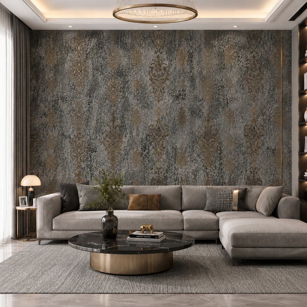 3D Grey & Antique Gold Damask Vinyl Wallpaper - 15.6m x 1m