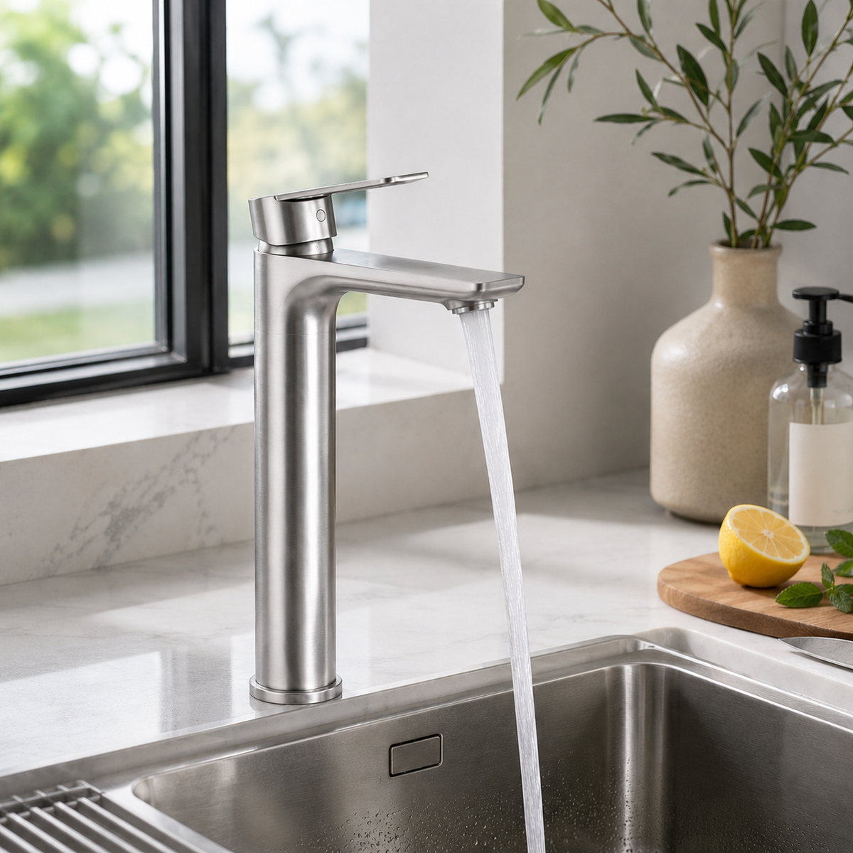 Tall Bathroom Basin Mixer Tap - High Rise Single Lever Faucet - Silver