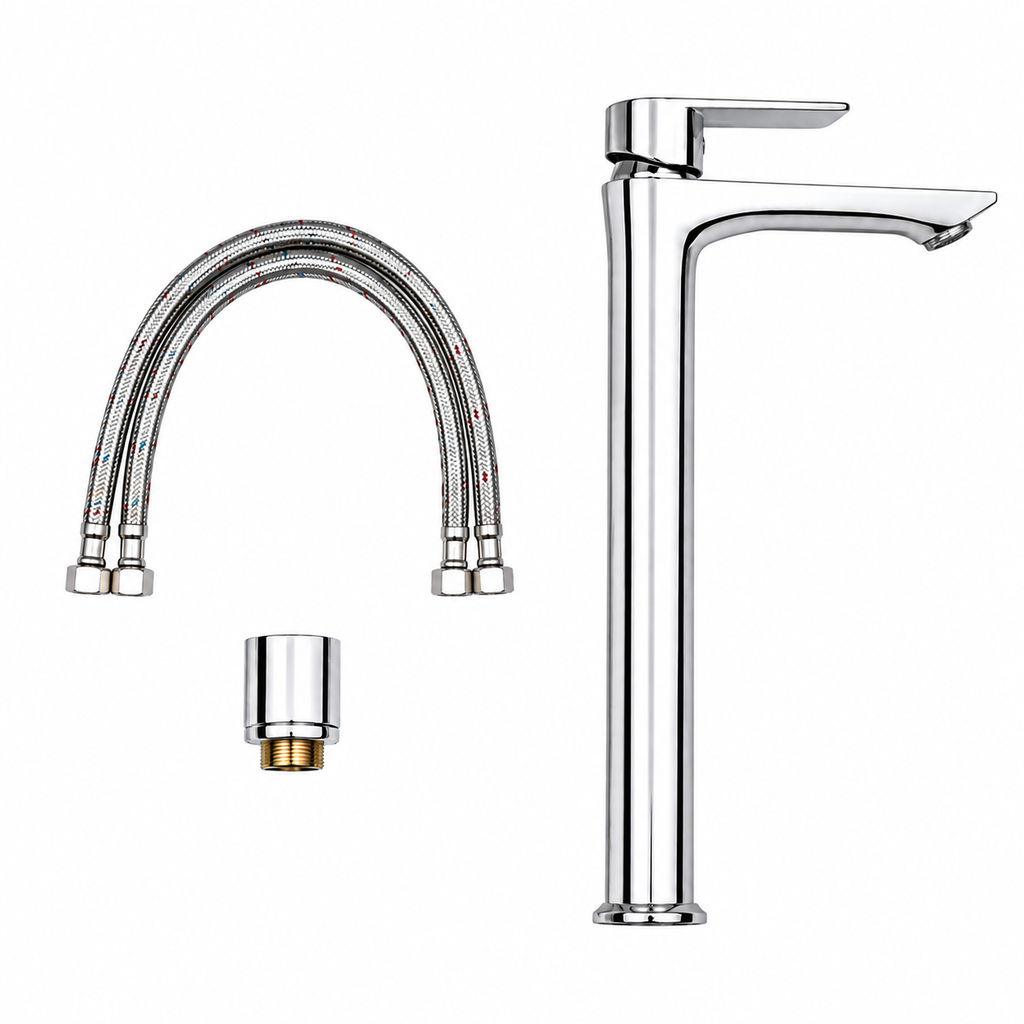 Tall Bathroom Basin Mixer Tap - High Rise Single Lever Faucet - Silver