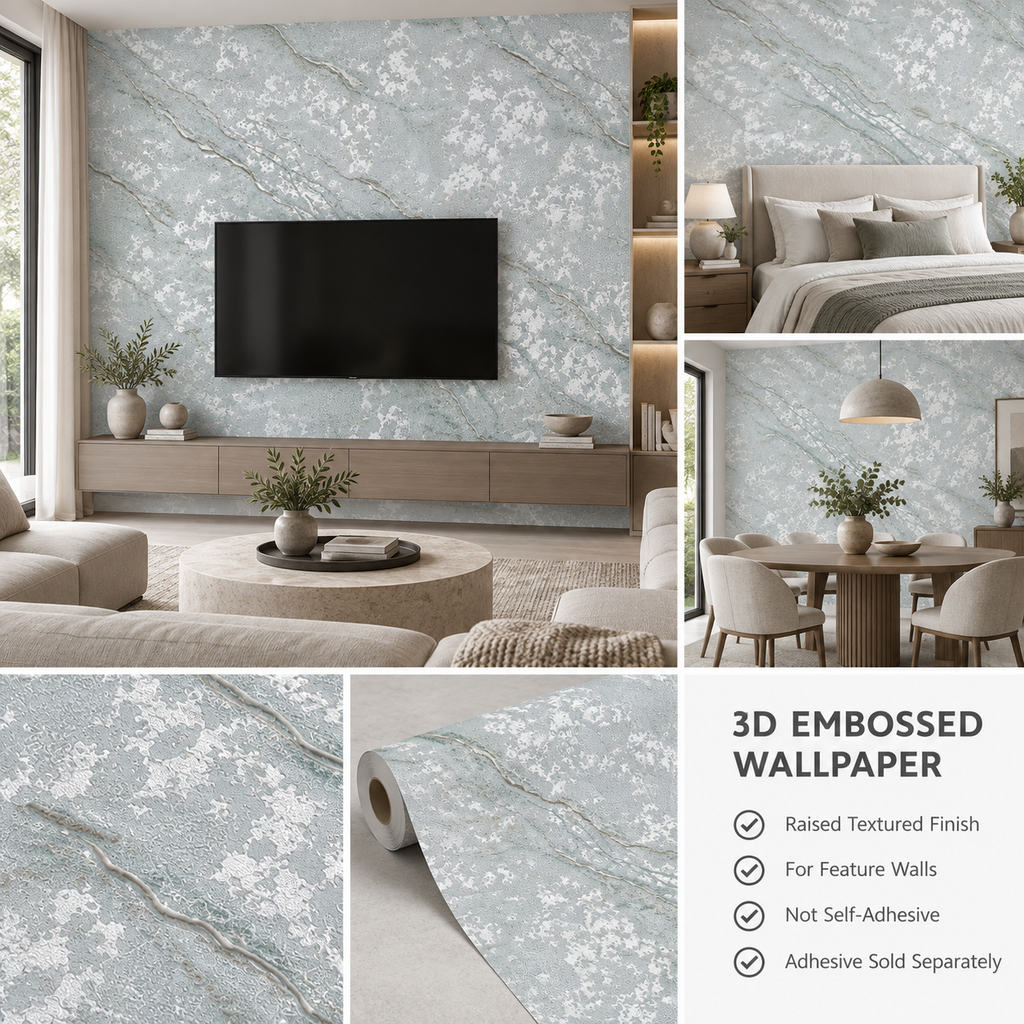 3D Pale Green & Grey Marble Vinyl Wallpaper - 15.6m x 1m