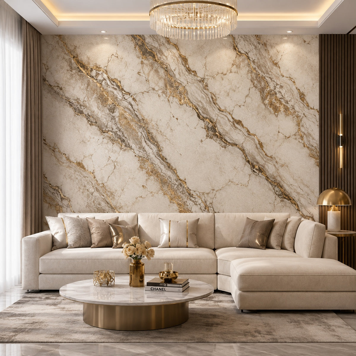 3D Beige Gold Marble Vinyl Wallpaper - 15.6m x 1m