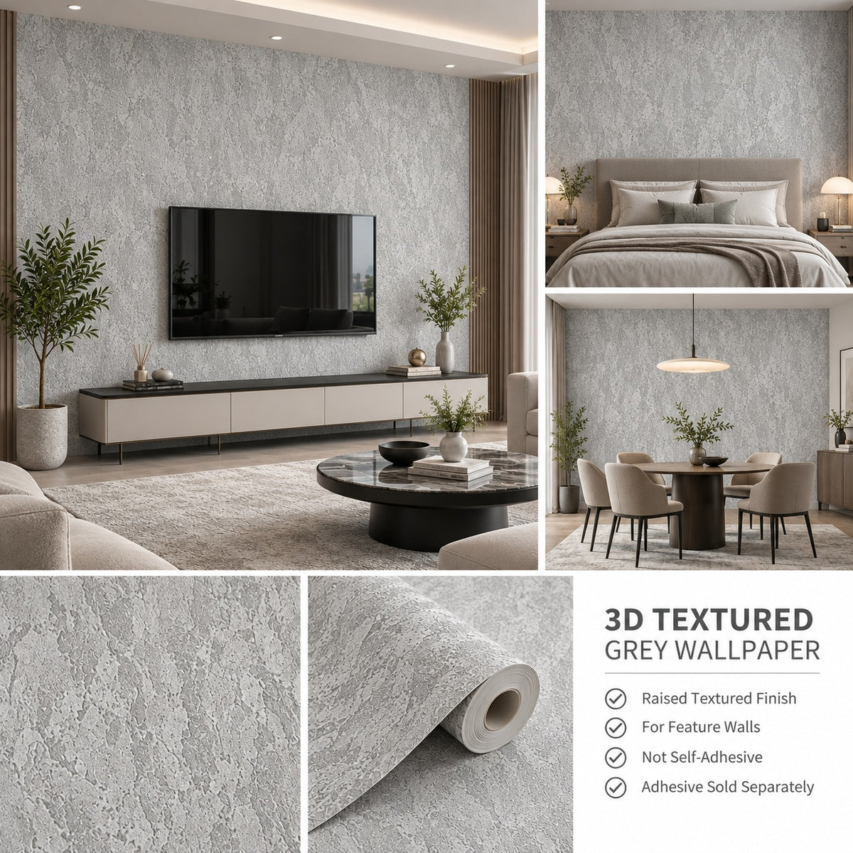 3D Embossed Light Grey Concrete Texture Vinyl Wallpaper - 15.6m x 1m